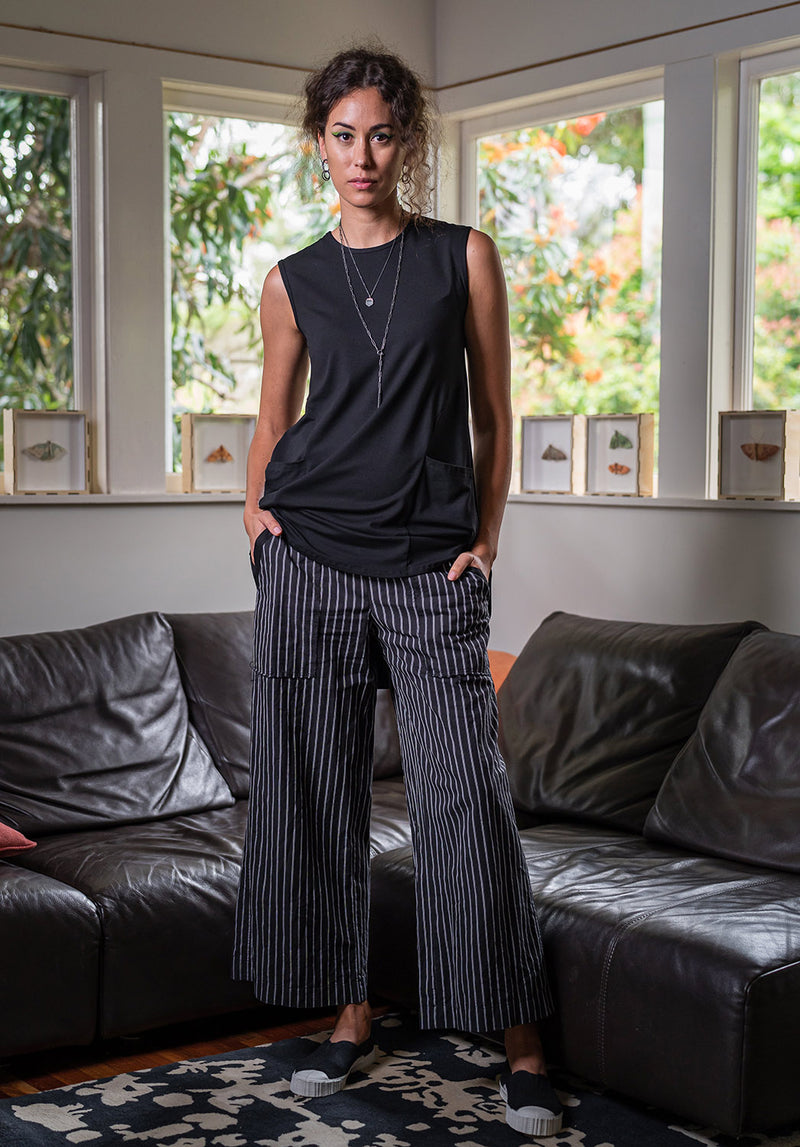 wide leg trousers, australian made workwear, pinstripe womens pant