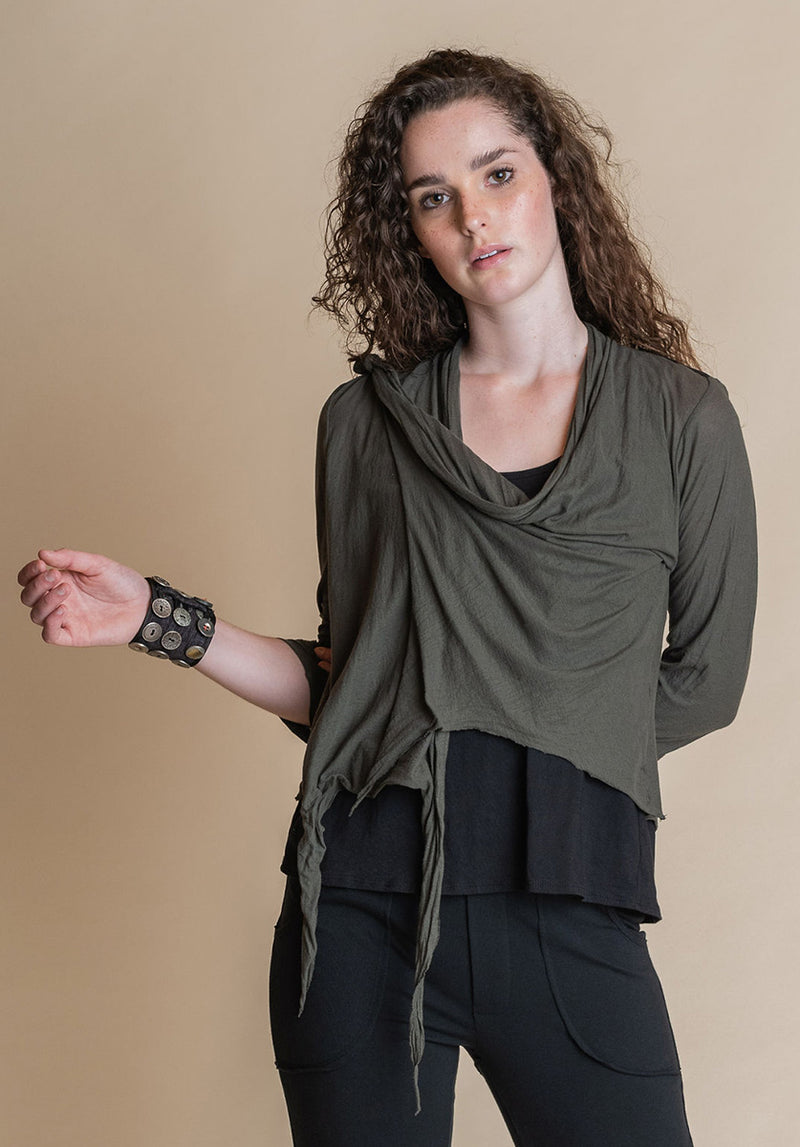 Quirk shrug 3 4 sleeve dill superfine cotton