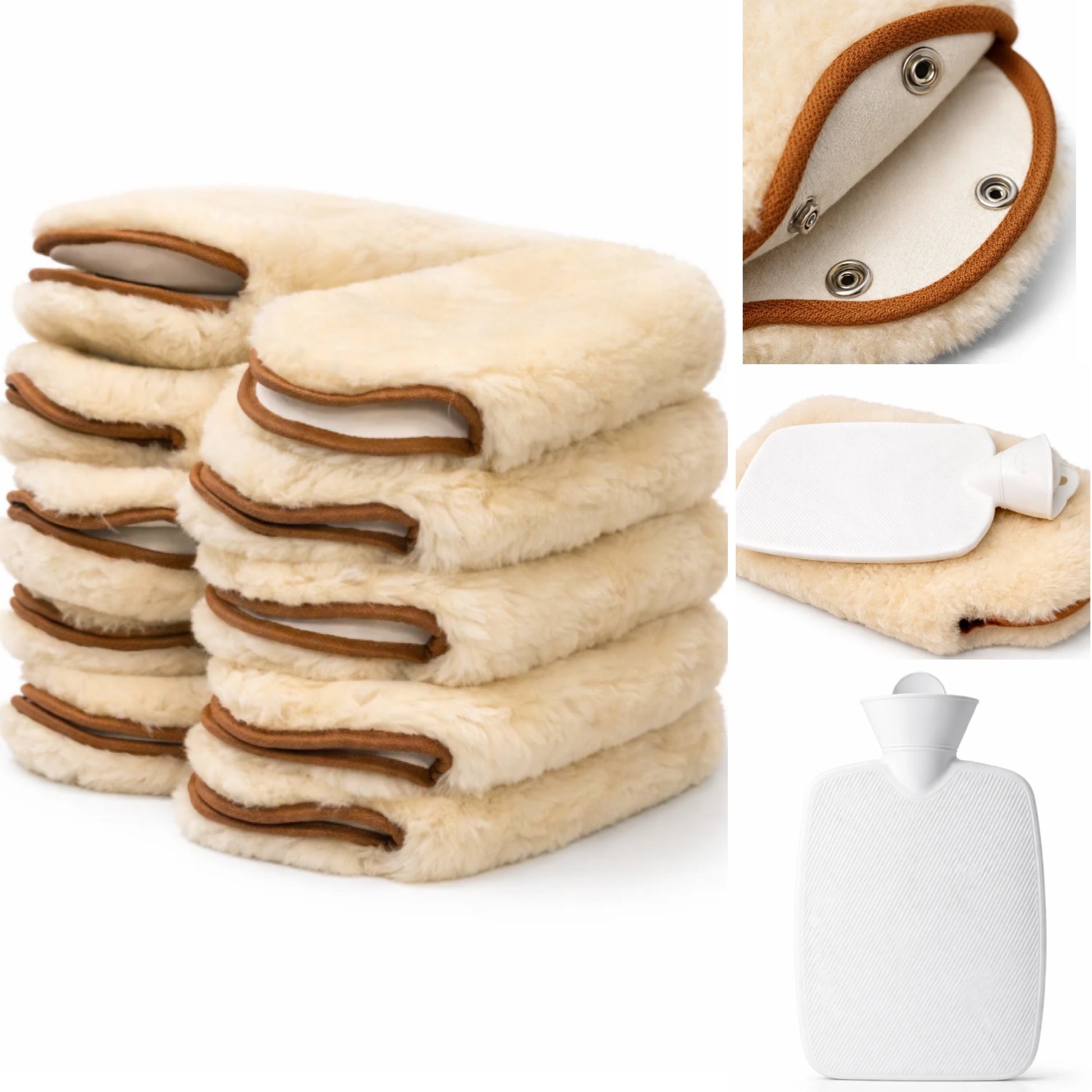 Sheepskin hot water bottle covers with tan highlights