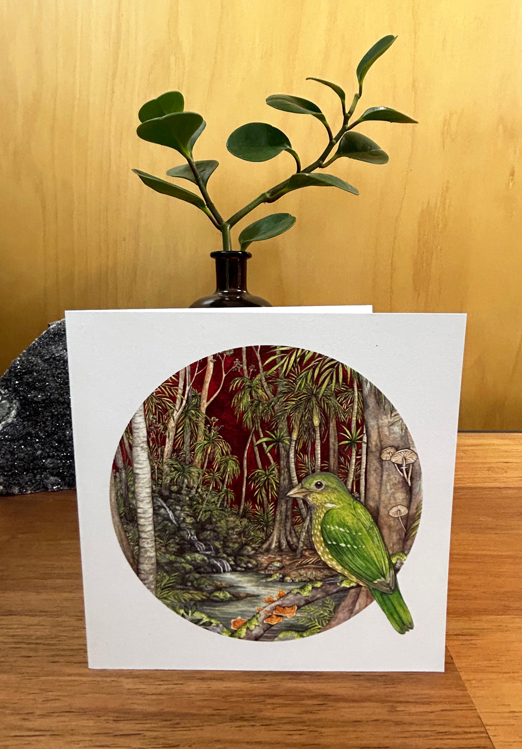 green catbird card, ingrid b art brisbane, australian made greeting cards, sustainable fashion