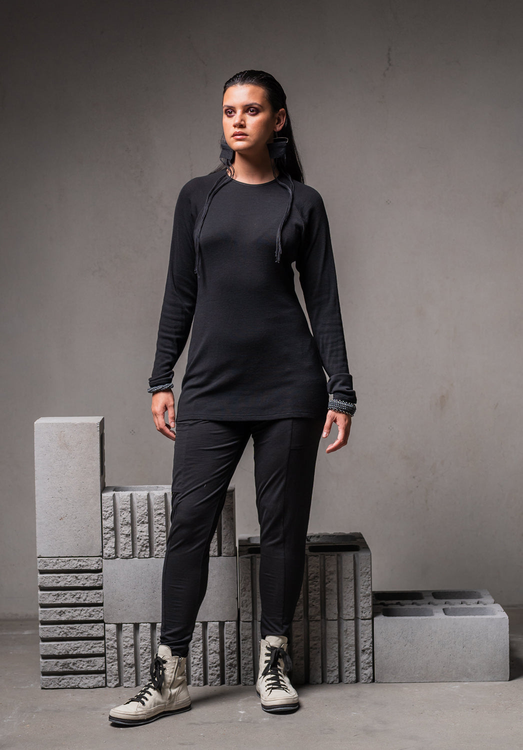 ladies wool pants, black knit pant, long sleeve top womens