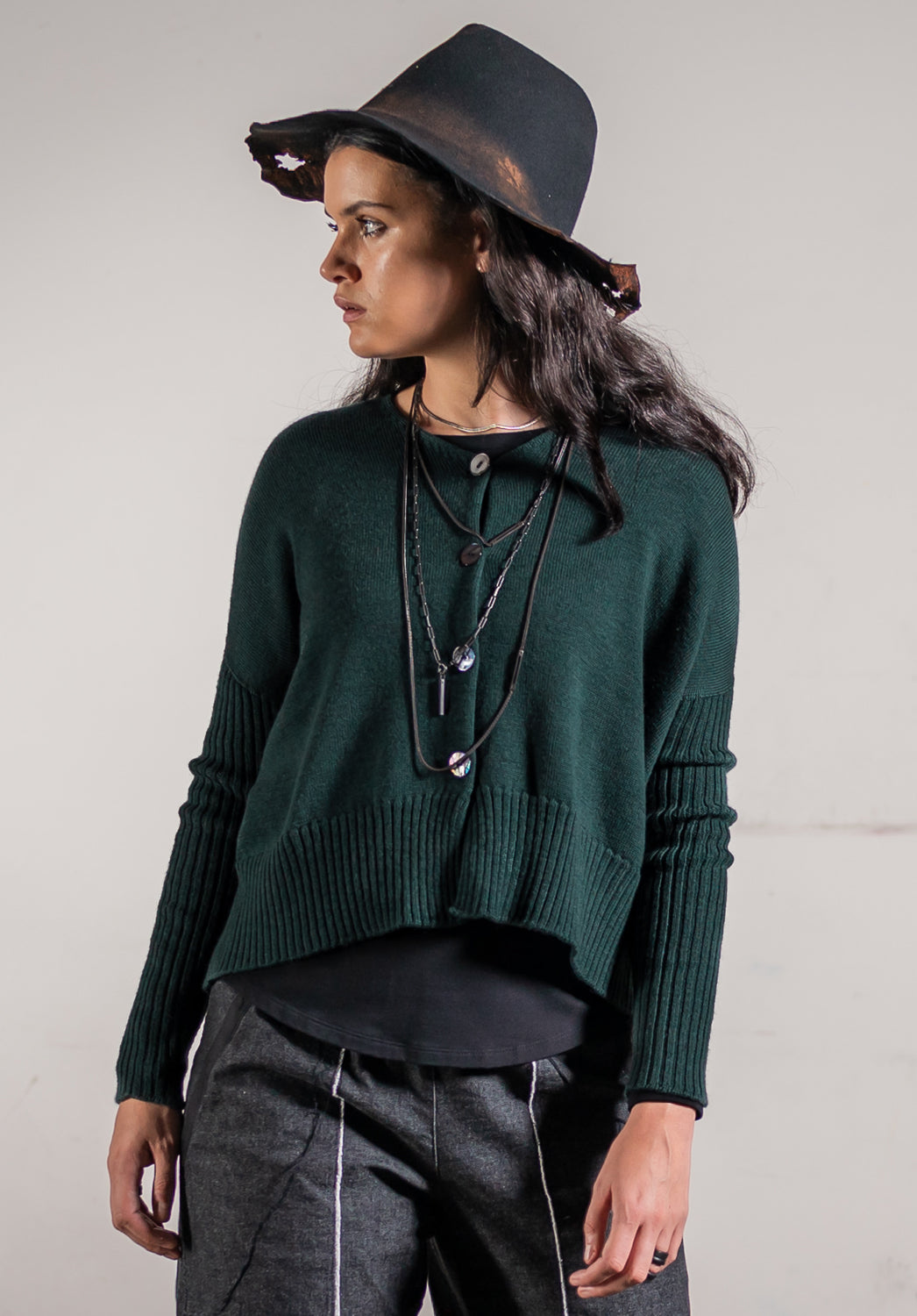 Luna Gallery - Merino Rib Sleeve Cardi Fir