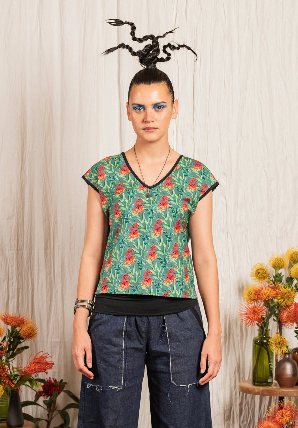 Moonflower top Floral Print Turquoise