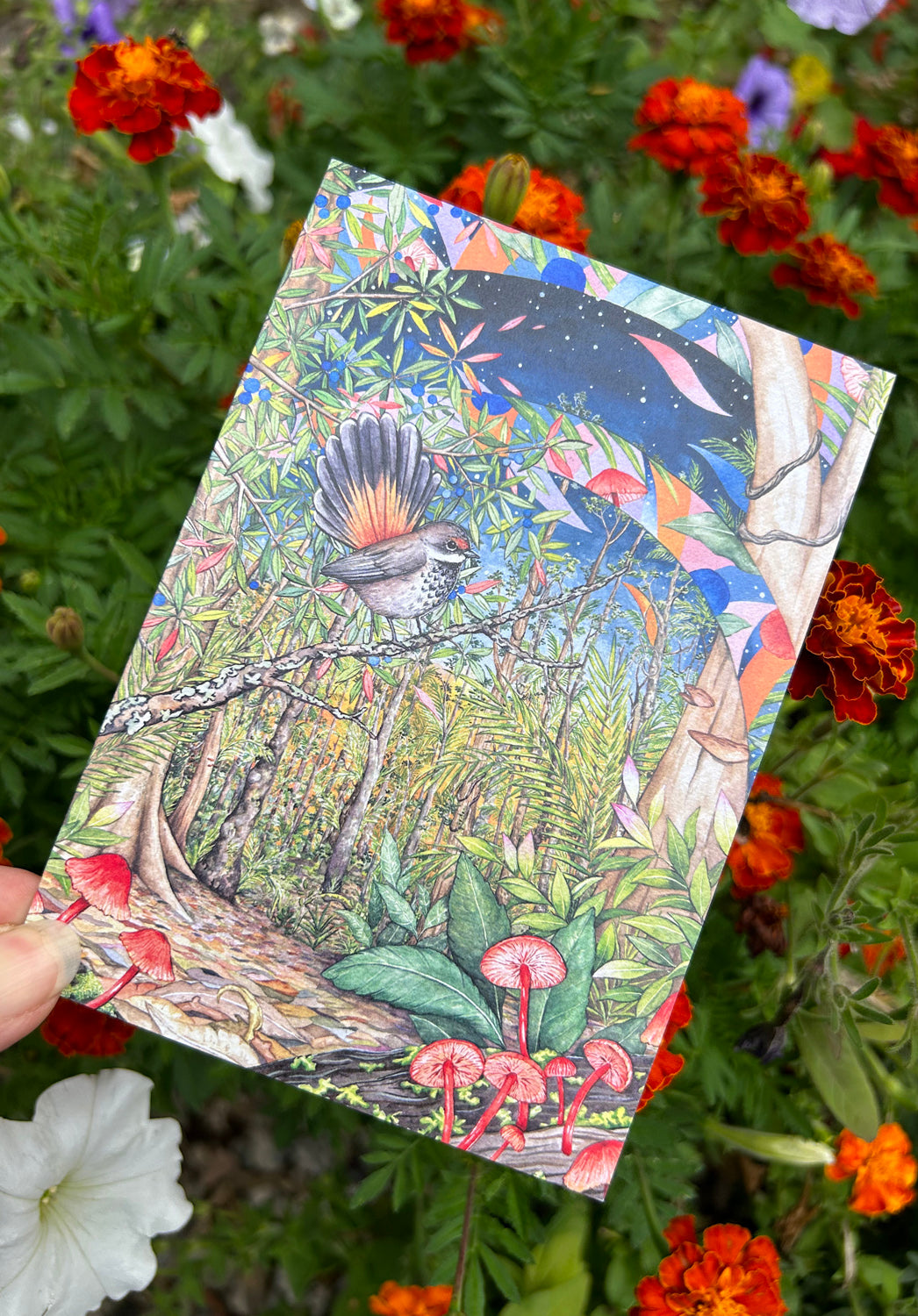 Rufous Fantail and Ruby Bonnets Greeting Card