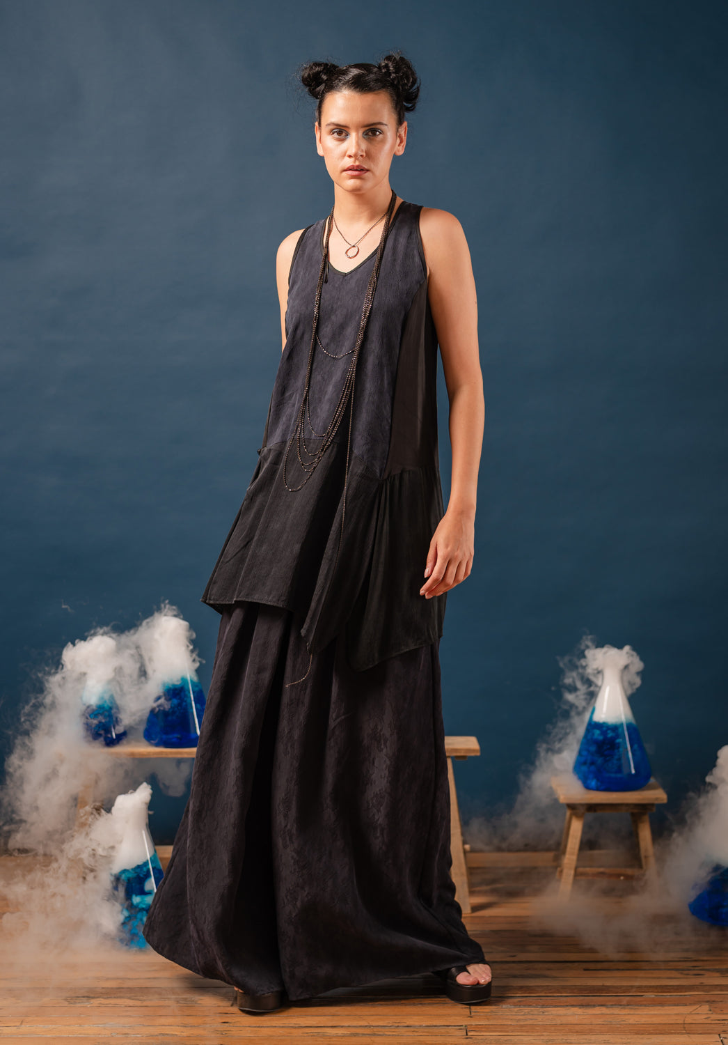 womens black cupro wide-leg pants made in australia