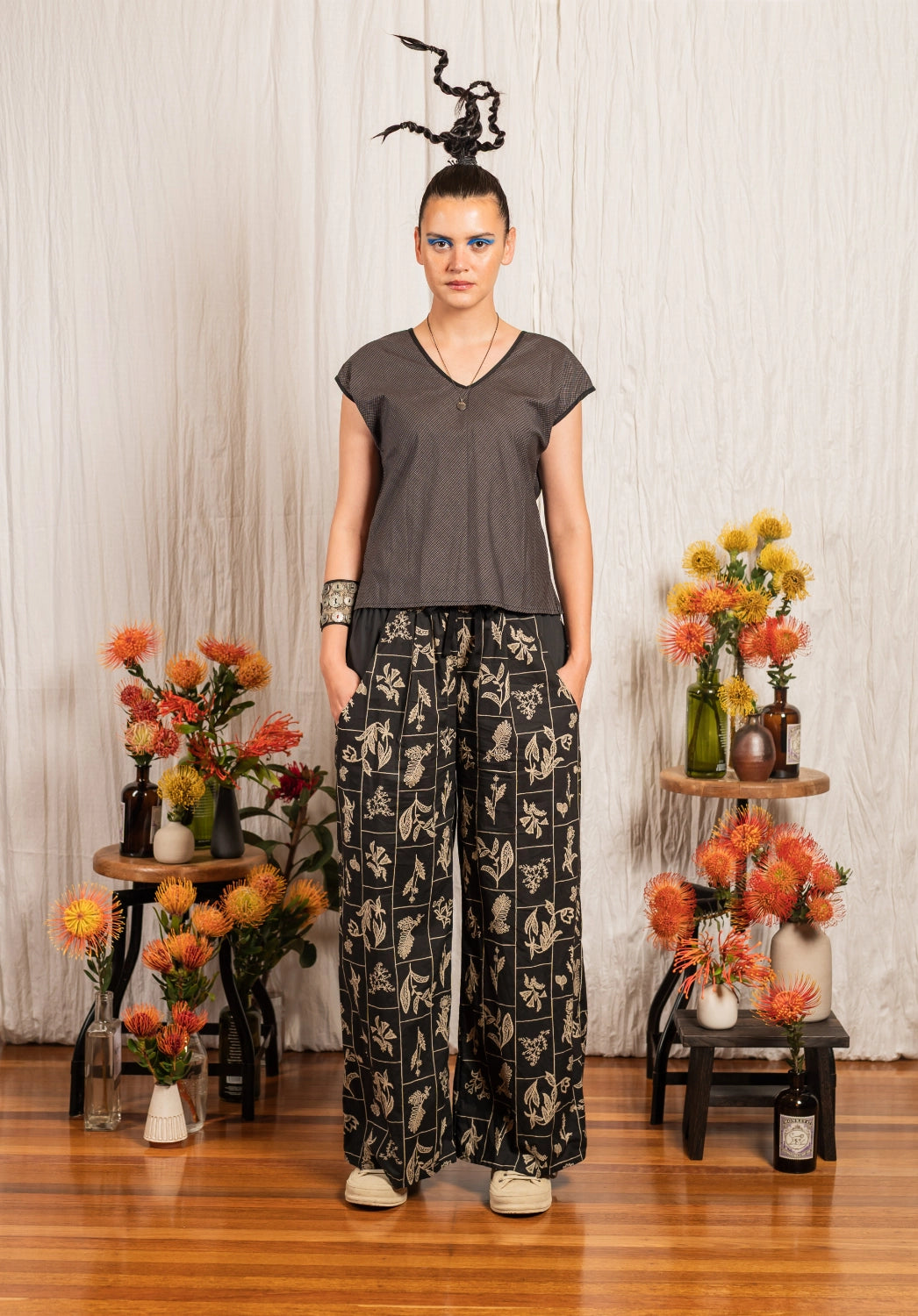 Moonflower top Black check cotton