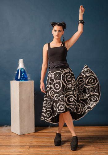 black and white patterned silk summer skirt made in australia