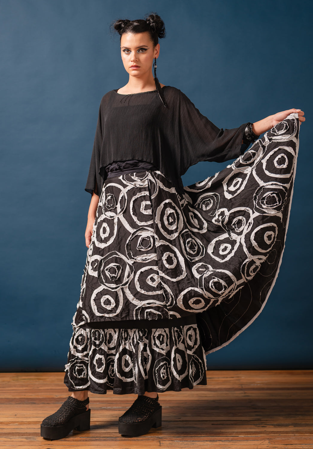 geometric patterned womens black skirt made in australia