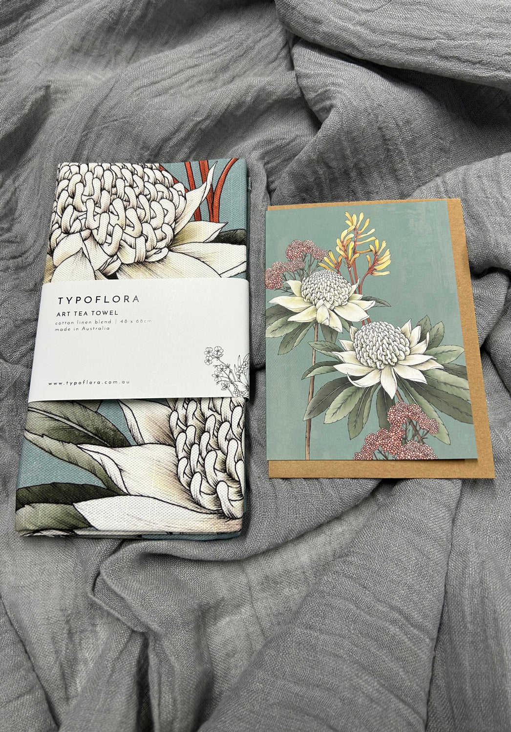 tea towel and greeting card, floral printed greeting cards, TYPOFLORA, sustainable fashion