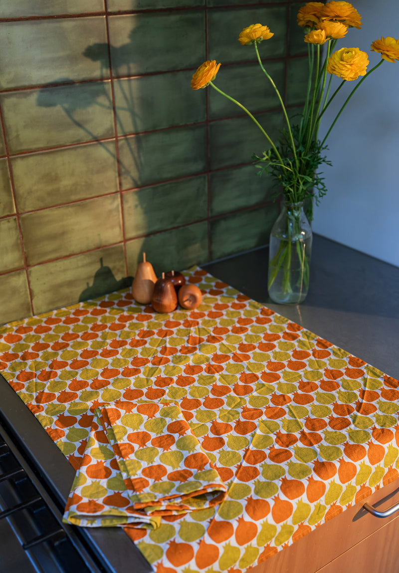 Orange-Mustard Pomegranate - Japanese Linen Tea Towel