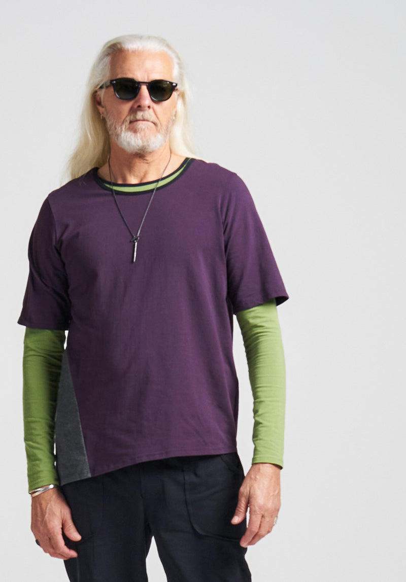 vegan fashion, eco clothing line, mens purple tops