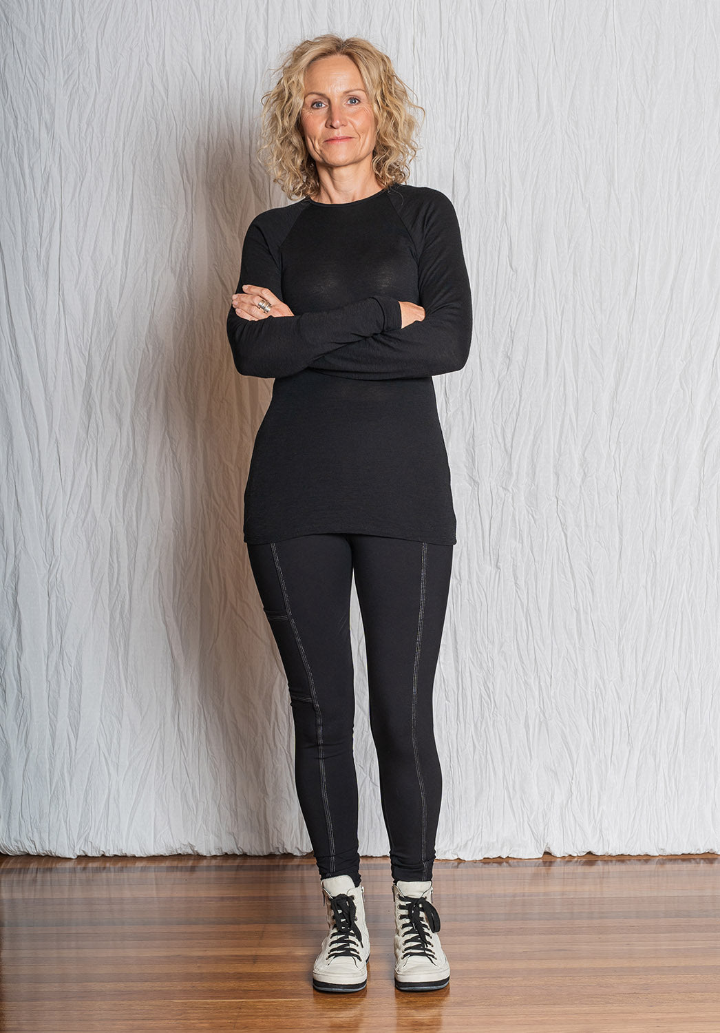 knit tops women, long sleeve merino top, black wool rib