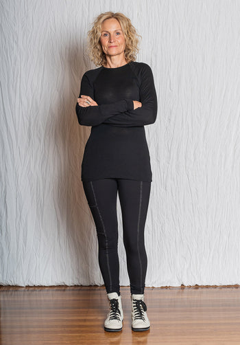 knit tops women, long sleeve merino top, black wool rib